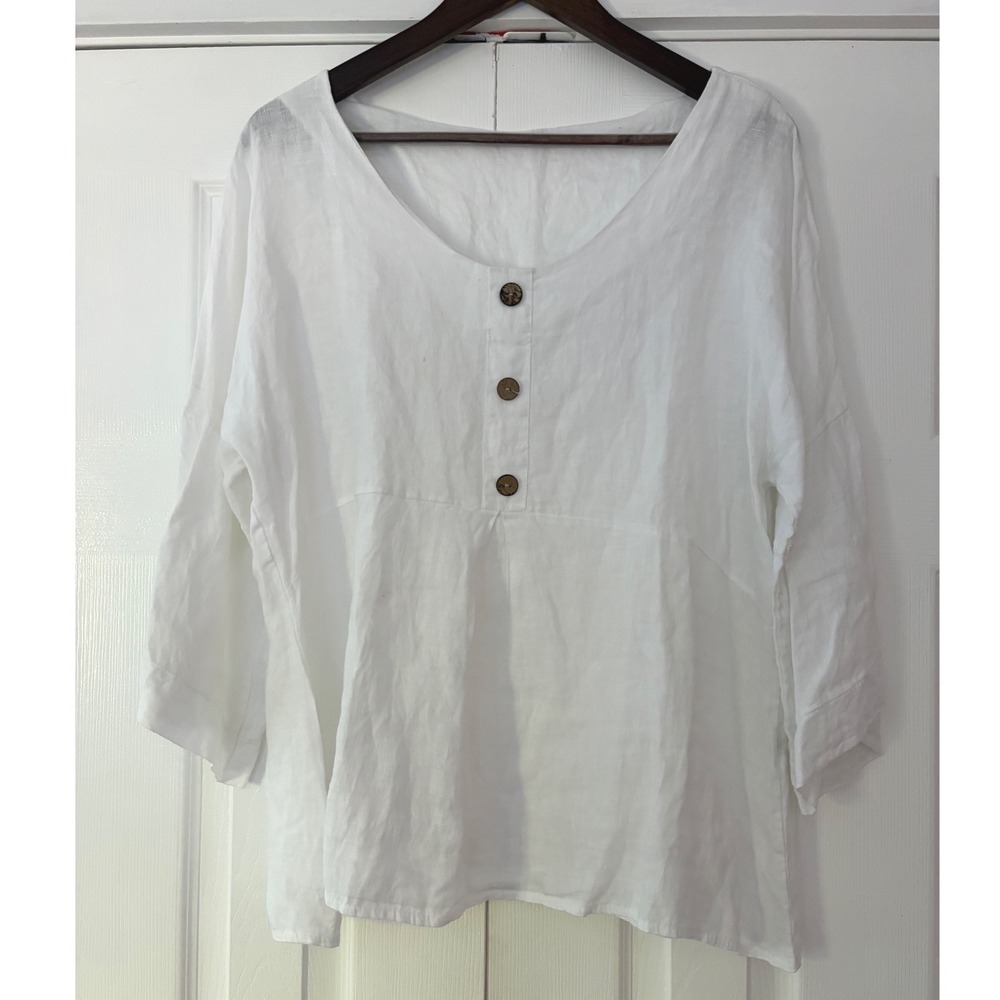 Made in Italy White 100% Linen Button Front Blouse L Boho Coastal Top
